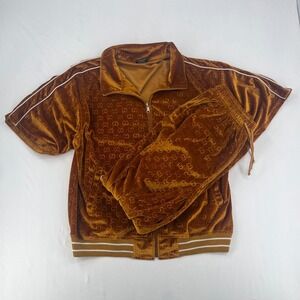 Crescendo Mens Velvet Tracksuit Set GG Print Brown XL Full Zip Jacket Pants